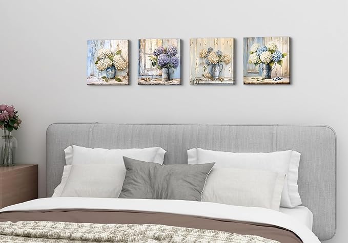Blue Hydrangea Wall Art Vintage Farmhouse Flowers Pictures Bathroom Wall Decor Blossom Floral Painting Abstract Nature Botanical Posters Artwork for Living Room Kitchen Home Decoration 12x12” 4Pcs