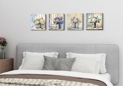 Blue Hydrangea Wall Art Vintage Farmhouse Flowers Pictures Bathroom Wall Decor Blossom Floral Painting Abstract Nature Botanical Posters Artwork for Living Room Kitchen Home Decoration 12x12” 4Pcs