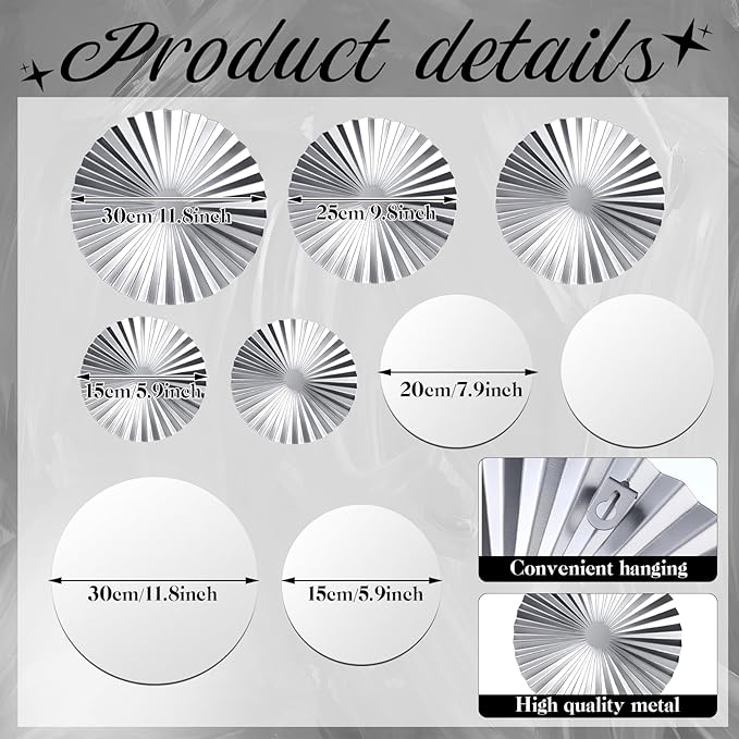Hicarer 9 Pcs Silver Wall Decor Metal Home Decor Metal Wall Decorative Circle Plates Mirror Modern Round Accent Wall Art Sculpture Decor Hanging Decorations for Living Room Office Bedroom Kitchen