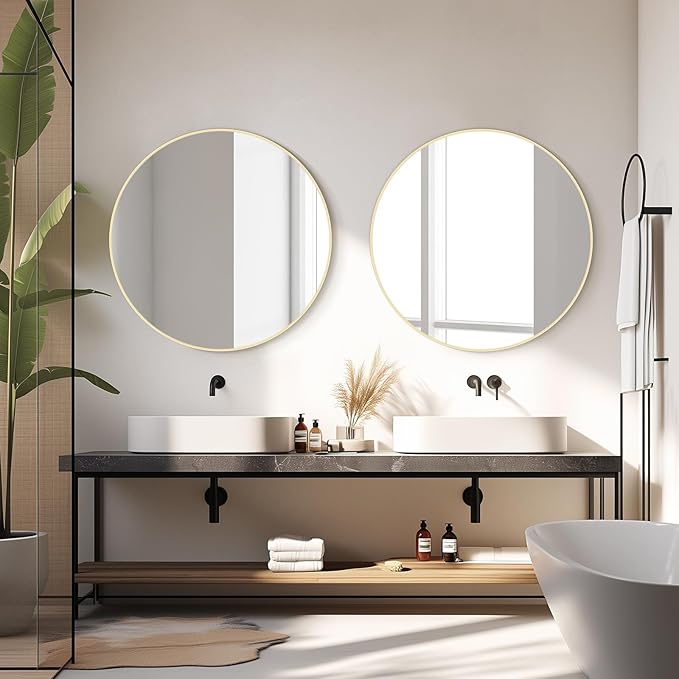 HOMECOOKIN Bathroom Round Wall Mirror, 28" Gold Modern Circle Vanity Mirror with Metal Framed, Wall Mounted Decorative Mirrors for Entryway Living Room,Hanging or Leaning, Anti-Rust, Tempered