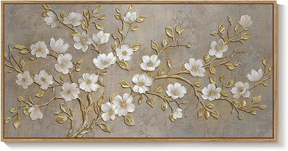 Large Framed Neutral Botanical Wall Art for Living Room, Rustic Elegant Magnolia Floral Canvas Prints Paintings, White Flower with Gold Branches Pictures for Dining Room Office Wall Decor, 60x30 Inch