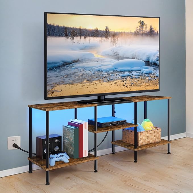 50 Inch TV Stand with Power Outlets and LED Lights, Rustic Brown TV Stands for Living Room Farmhouse Small Entertainment Center with Storage, 3 Tier TV Media Console Table for 50 43 40 32 Inch TV