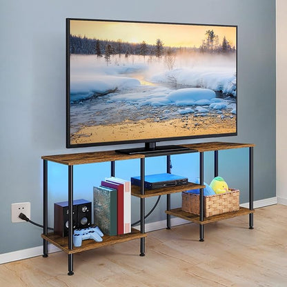 50 Inch TV Stand with Power Outlets and LED Lights, Rustic Brown TV Stands for Living Room Farmhouse Small Entertainment Center with Storage, 3 Tier TV Media Console Table for 50 43 40 32 Inch TV