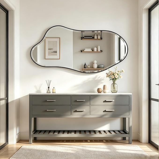 POZINO Irregular Beveled Mirror, 53"x26.5" Modern Premium Organic Mirror with Metal Frame, Large Asymmetrical Aesthetic Mirrors for Living Room Bedroom Hallway Entryway, Horizontal/Vertical Hanging