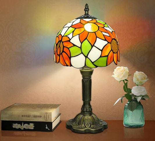 Tiffany Style Table Lamp, 3 Color Temperatures Bedside Lamp, 8 Inch Stained Glass Desk Light for Home Office Bedroom Living Room (Sunflower Pattern)