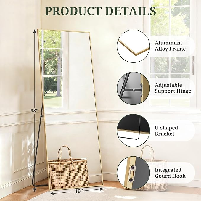 Mirror Full Length 58"x19" Full Body Floor Mirror with Stand, Shatterproof Glass, Aluminum Alloy Frame, Free Standing Wall Mounted or Leaning Rectangle Mirrors for Bedroom Living Room Entryway