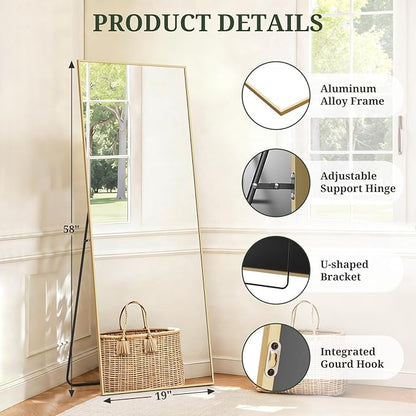 Mirror Full Length 58"x19" Full Body Floor Mirror with Stand, Shatterproof Glass, Aluminum Alloy Frame, Free Standing Wall Mounted or Leaning Rectangle Mirrors for Bedroom Living Room Entryway