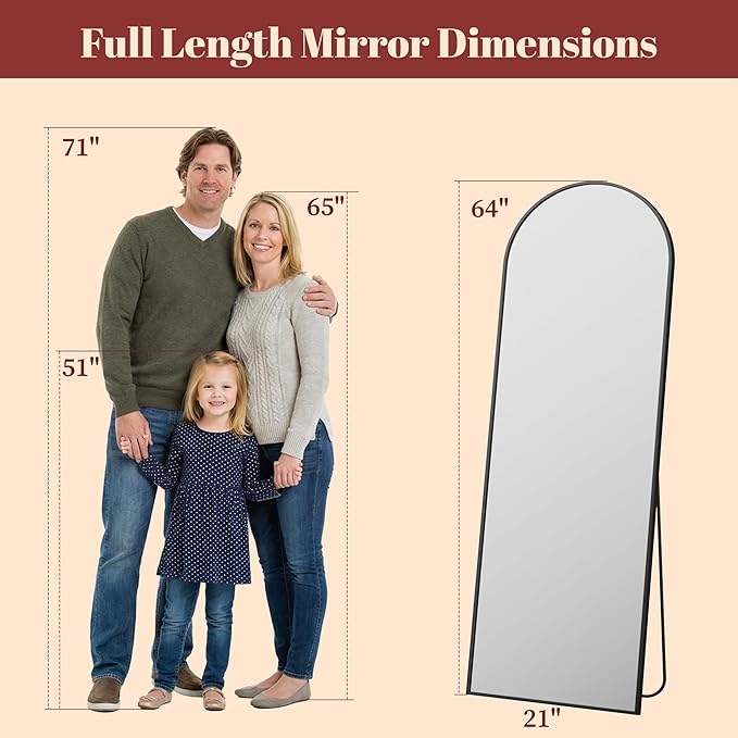 Suidia 65"x22" Arched Full Length Mirror with Stand, Full Body Mirror with Aluminum Frame, Freestanding/Leaning/Wall-Mounted, Floor Mirrors for Bedroom, Living Room, Entryway, Dressing Room, Black