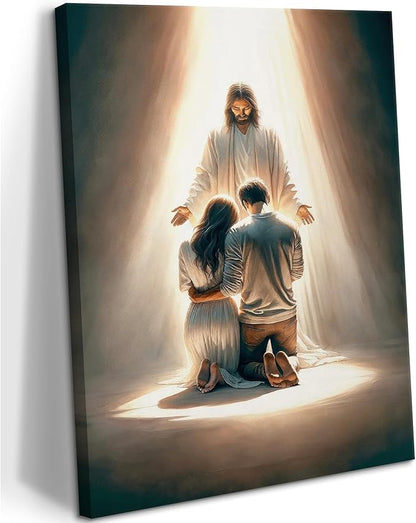 Jesus Blesses Couple Canvas Wall Art Couple Kneeling and Praying to Jesus Painting picture Wall Decor religion Christian Poster Print Artwork for Church LDS bedroom Living Home Decor 24x36 in Canvas