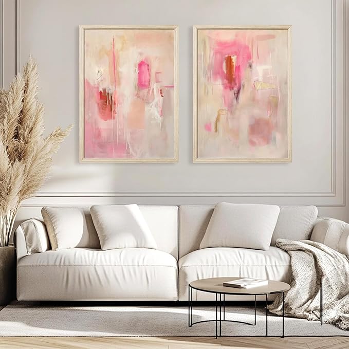 Tocliky Abstract Wall Art Neutral Modern Canvas Painting Decor Pink Beige Minimalist Wall Art Contemporary Abstract Poster Artwork for Living Room Bedroom 12x16 Inch Wood Frame Set of 2