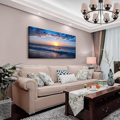 Wapluam Beach Wall Art -Blue Sea Coastal Sunset Natural Scenery Picture -Print On Canvas Ocean Seascape Canvas Print Artwork for Living Room Bedroom Bathroom Home and Office Wall Decor 24" x 48"
