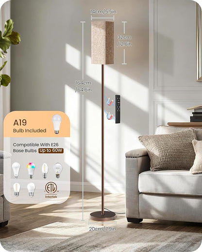 64.2'' Dimmable Floor Lamp for Living Room with Remote and Foot Switch, Corner Floor Lamp for Bedroom, Includes 10W A19 Bulb, Modern Standing Tall Lamp, ETL Listed Brown and Beige VE17LD05