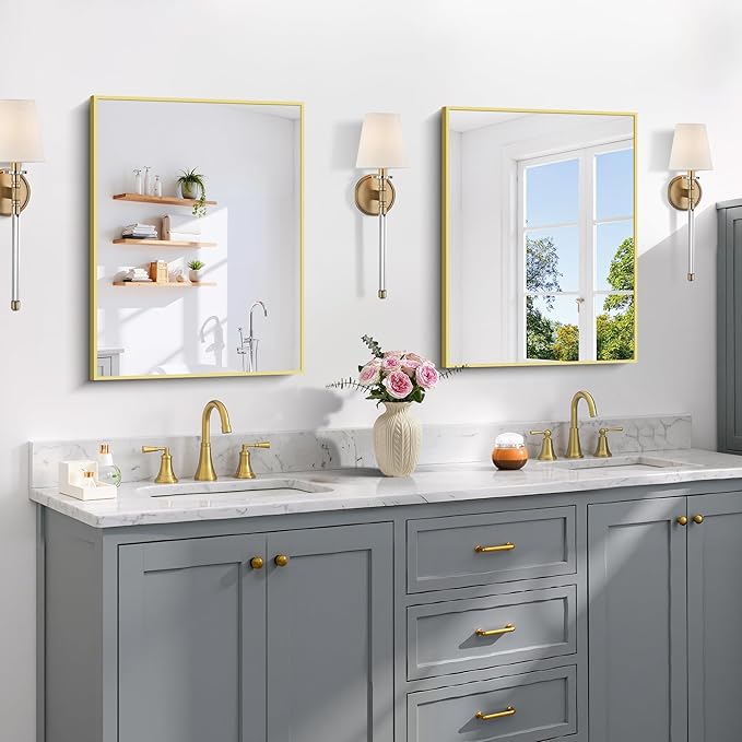 COFENY Gold Bathroom Mirror for Wall, 18x24 Inch Rectangle Mirror with Metal Frame, Modern Vanity Mirrors for Bathroom Living Room, Entryway Hangs Horizontal or Vertical