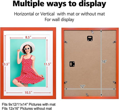 KINLINK 12x16 Picture Frame Orange, Solid Wood Frames with Acrylic Plexiglass for Pictures 11x14/9x12 with Mat or 12x16 without Mat,Wall Display Photo Frame, Set of 4
