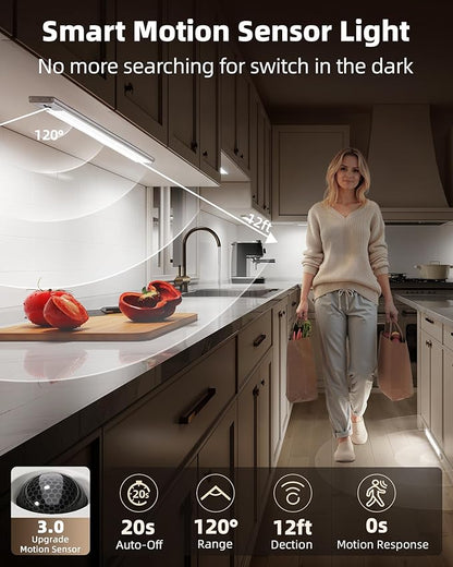 EZVALO 3-Pack Under Cabinet Lighting, 4000mAh Rechargeable Motion Sensor Light, 16inch Magnetic Closet Lights with Dimmable & 3 Color Temps, Wireless Motion Activated Lights with Remote for Kitchen