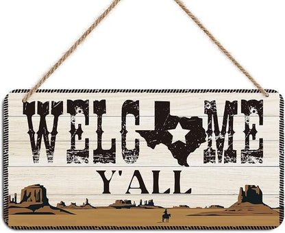 Texas Western Welcome Sign Wall Decor - Welcome Y'all, Cowboy Desert Landscape Wooden Wall Art, Rustic Hanging Plaque for Home Farmhouse Porch, Housewarming Gift