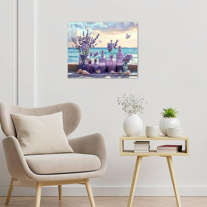 LB Ocean Purple Lavender Wall Art Purple Flower in Vase with Butterfly Canvas Wall Art Blue Sky and White Cloud Wall Decor for Living Room Bedroom Bathroom Office Framed Ready to Hang 12L x 16W