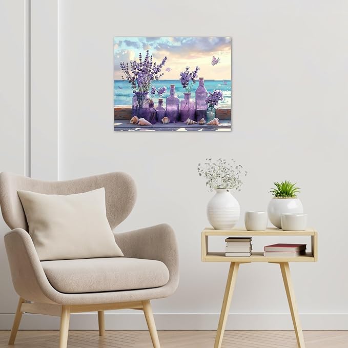 LB Ocean Purple Lavender Wall Art Coastal Beach Purple Flower with Butterfly Canvas Wall Art Blue Sky and White Cloud Wall Decor for Living Room Bedroom Bathroom Office Framed Ready to Hang 16L x 20W