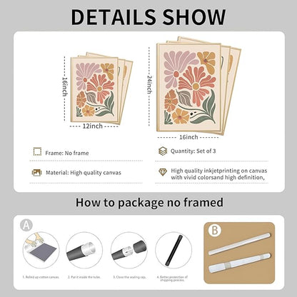TBKHUDBI Boho Flower Poster Wall Art Abstract Floral Canvas Prints Set of 3 Minimalist Botanical Painting Modern Flower Market Aesthetic Pictures Decor for Living room Bedroom 12"x16" Unframed