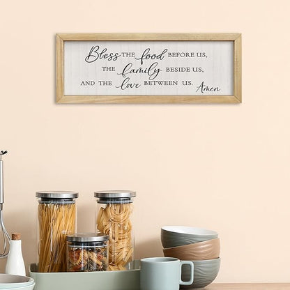 comurdyo Modern Religious Holy Dining Room Bless the Food Before Us Prayer Sign Wall Decor 16"×6" Framed Wood for Small Rustic Minimalist Christian Catholic Kitchen Wall Art Hanging (Wood)