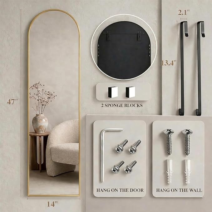 Simple Deluxe 47x14 Arched Full Length Mirror Over The Door, Wall Mounted Full Body Mirror, Modern Gold Aluminum Alloy Frame, HD Reflection, for Bedroom, Living Room, Entryway, Gold