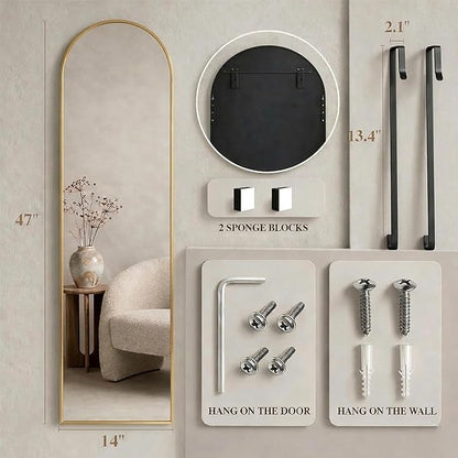 Simple Deluxe 47x14 Arched Full Length Mirror Over The Door, Wall Mounted Full Body Mirror, Modern Gold Aluminum Alloy Frame, HD Reflection, for Bedroom, Living Room, Entryway, Gold
