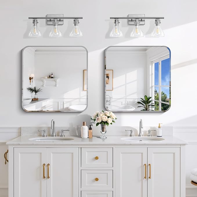 CILIBER Beveled Mirror, 24x24 Square Bathroom Mirror Rounded Corner, 3mm Tempered Glass, 18 inch Frameless Vanity Mirror with Beveled Edge for Bathroom, Bedroom, Living Room and Entryway