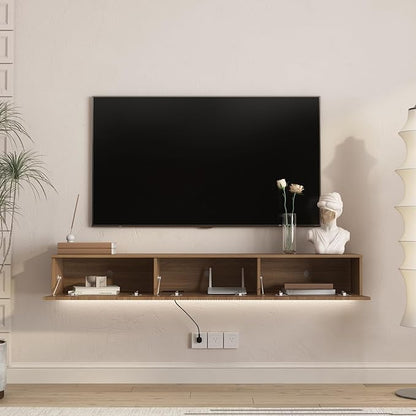 KEIKI 65" Floating TV Stand Wall Mounted with 16 Color LEDs & Power Outlets for TVs Up to 70 Inch, Wooden Media Console Entertainment Center Television Table Cabinet for Living Room, Bedroom