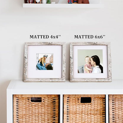 Egofine 8x8 Picture Frame Made of Solid Wood with Plexiglass Set of 4, Display Pictures 4x4/6x6 with Mat or 8x8 Without Mat for Tabletop and Wall Mounting, Rustic White