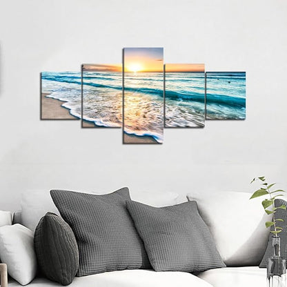 Beach Wave Ocean Painting on Canvas 5 Piece Wall Art Modern Landscape Scenery Posters and Prints Pictures for Living Room Bedroom Gallery-wrapped Canvas Art Set Framed (50''W x 24''H)