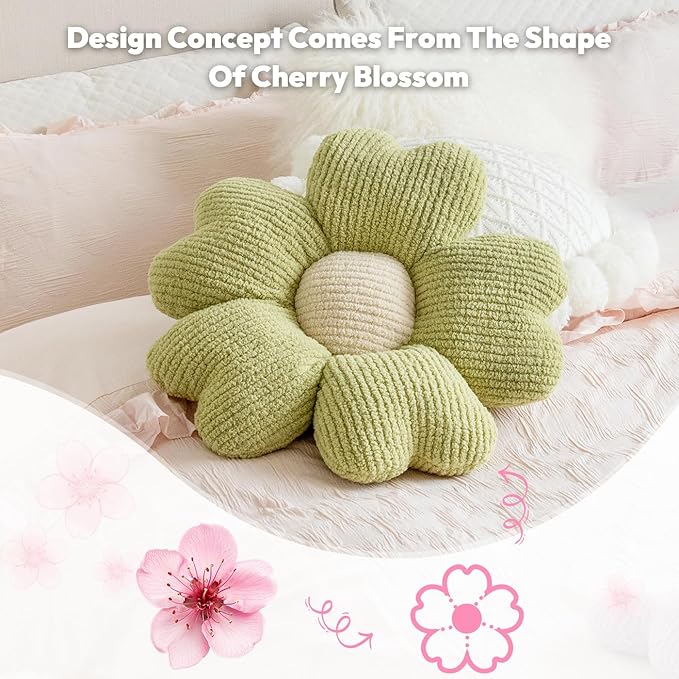 Sioloc Flower Shaped Throw Pillow, Fun Daisy Pillow, 25.6" Large Grass Green Cute Decorative Seat Cushion Aesthetic Flower Plush Pillows for Bed Floor Couch Chair