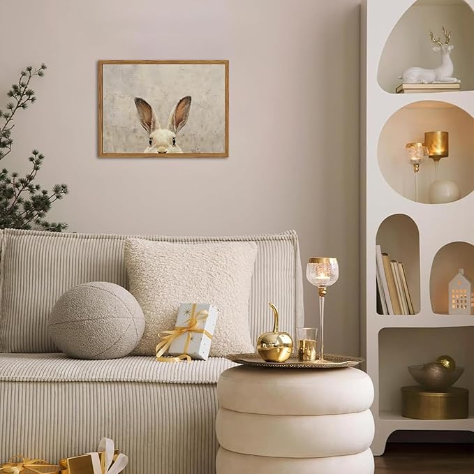 Framed Vintage Rabbit Wall Art, Cute Easter Bunny Pictures Wall Decor, 3D Sandstone Textured Farmhouse Animal Paintings Prints Cottagecore Home Decor for Living Room Bedroom Nursery 16x24 inch