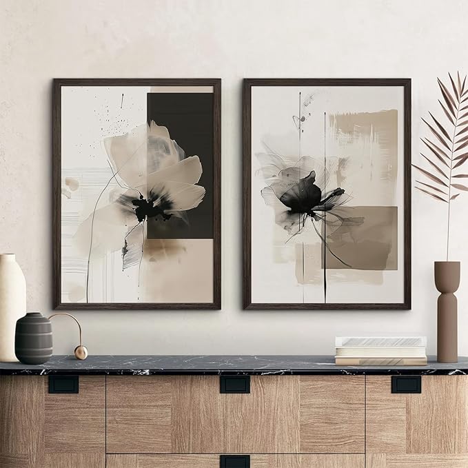 Tocliky Modern Abstract Floral Wall Art Minimalist Neutral Canvas Painting Decor Beige Cream And Black Wall Art Contemporary Flower Picture Prints for Living Room Bedroom 24x36 Inch Framed Set of 2