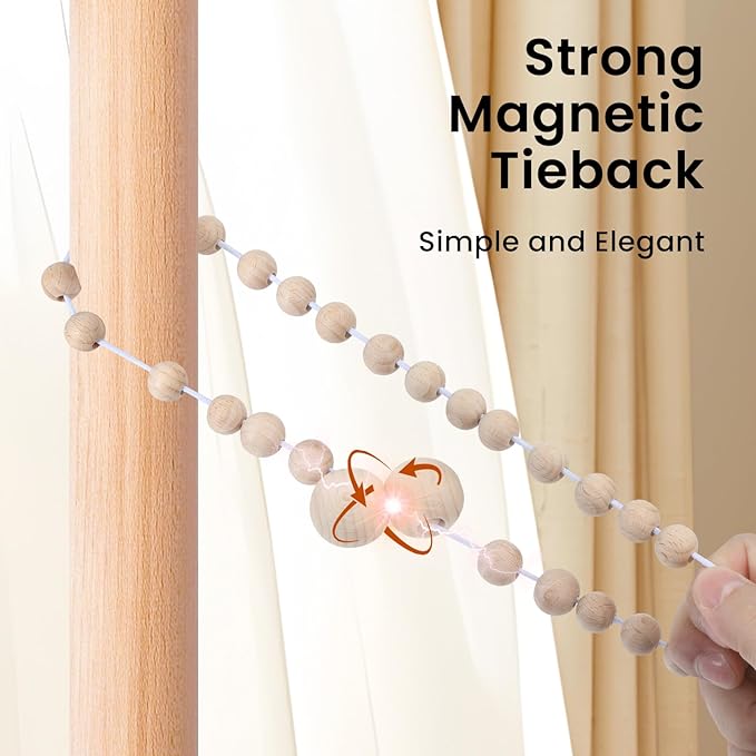 KLOGTSIND Magnetic Curtain Tiebacks, Curtain Tie Backs for Curtains 4 Pack, Wood Bead Curtain Tiebacks, Curtain Holders for Boho Bedroom Decor, Baby Nursery Decor, Farmhouse Décor