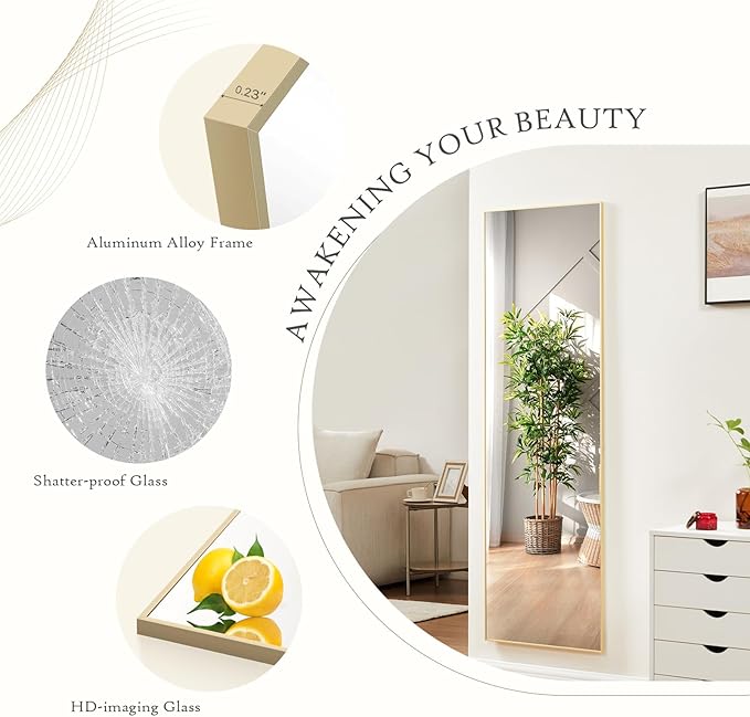 Mirror Full Length, Upgraded 21"x64" Body Wall Mirrors with Shatter-Proof Glass, Floor Standing, Hanging or Leaning, Tall Mirror with Stand Aluminum Alloy Frame for Bedroom, Gold