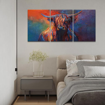 Cow Canvas Wall Art Abstract Highland Cow Painting 3 Panels Texas Longhorn Posters and Prints for Living Room Home Office Bar Toilet Bedroom Guest Room Decoration, Framed 12W'' x 16H'' x 3pcs