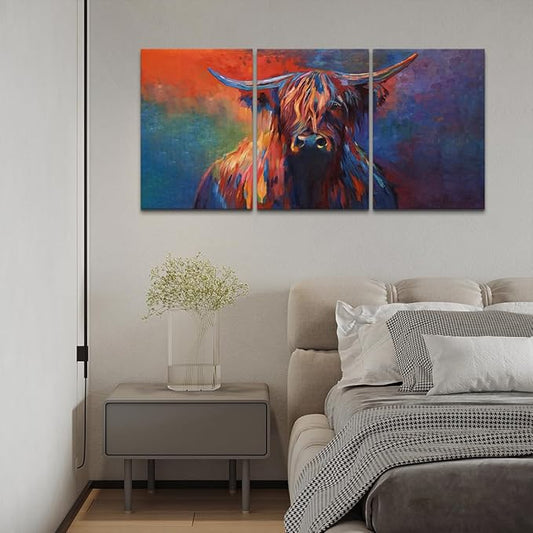 Cow Canvas Wall Art Abstract Highland Cow Painting 3 Panels Texas Longhorn Posters and Prints for Living Room Home Office Bar Toilet Bedroom Guest Room Decoration, Framed 12W'' x 16H'' x 3pcs