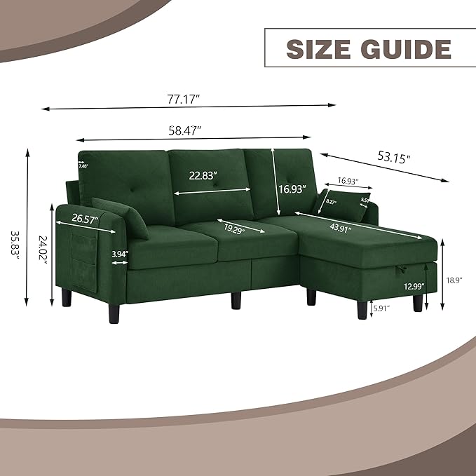 77" Convertible Sectional Sofa, Small L Shaped Couch with Storage Chaise, 3 Seats Modern Polyester Fabric Couches for Living Room, Apartment and Small Space, Green