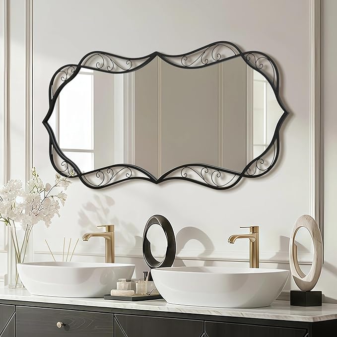 Besdomus Black Bathroom Wall Mirror: 24"x48" Scalloped Modern Large Vanity Mirror for Wall - Farmhouse Decorative Vertical or Horizontal Hanging - Wall Decor for Living Room/Entryway/Bathroom/Bedroom