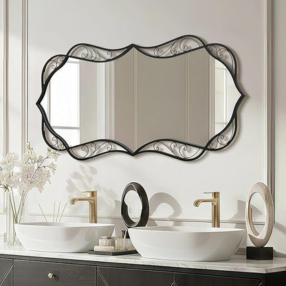 Besdomus Black Bathroom Wall Mirror: 24"x48" Scalloped Modern Large Vanity Mirror for Wall - Farmhouse Decorative Vertical or Horizontal Hanging - Wall Decor for Living Room/Entryway/Bathroom/Bedroom