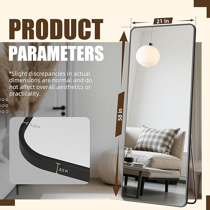 Antok Over The Door Mirror Full Length, 58'' x 21''Wall Mounted Hanging Mirror, Aluminum Alloy Frame, Shatterproof Glass, No Drill Installation for Bedroom, Closet, Bathroom, Dorm, Round Corner,Black