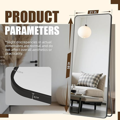 Antok Over The Door Mirror Full Length, 58'' x 21''Wall Mounted Hanging Mirror, Aluminum Alloy Frame, Shatterproof Glass, No Drill Installation for Bedroom, Closet, Bathroom, Dorm, Round Corner,Black