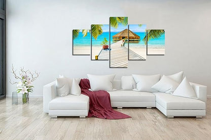 Landscape Beach Palm Tree House Scene of Sea Picture Modern Painting on Canvas 5 Panels Framed Wall Art for Living Room Bedroom Home Decor Gallery Wrap Giclee Print (60’’W x 40’’H)