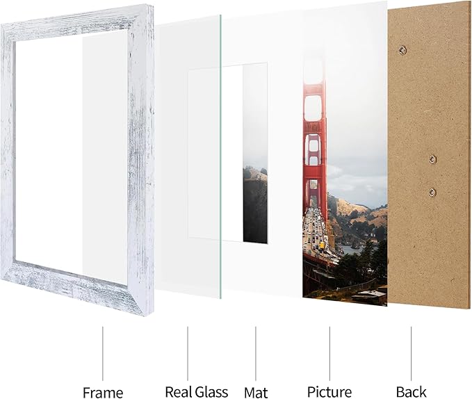 iRahmen 8x12 Picture Frame Set of 2, Distressed White Wood Photo Frame with HD Glass - Display Pictures 6x8 with Mat or 8 x 12 without Mat for Horizontal or Vertical Tabletop and Wall Mounting