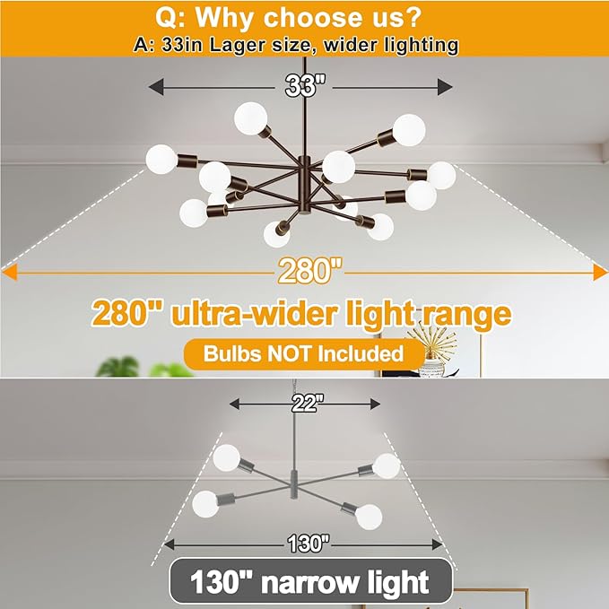 10.9"-52.3" Height Adjustable Sputnik Chandeliers Dining Room Light Fixture (12-Light, 33-Inch), Modern Brown and Gold Chandelier, Mid Century Modern Chandeliers for Dining Room (Bulbs Not Included)