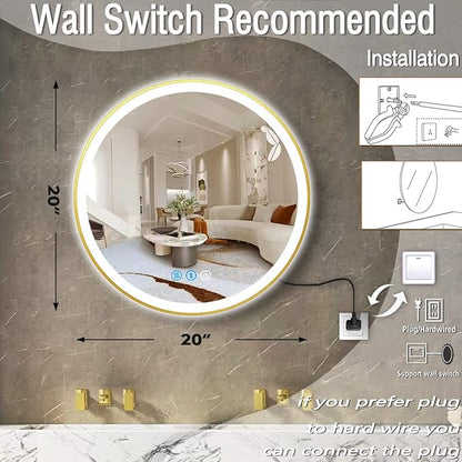 Gold Bathroom Round LED Mirror with Lights Gold Frame 20 Inch Round Lighted Mirror for Bathroom Wall Round Vanity Lighted Mirrors 3 Color Dimmable Anti Fog Bathroom Light up Smart Circle Mirror