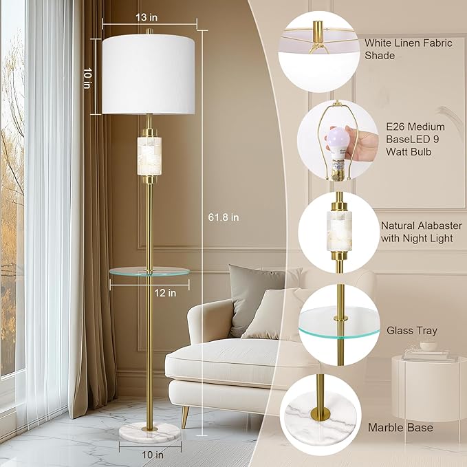 KIVDITZO Modern Floor Lamp for Living Room with Glass Tray and Night Light, Alabaster Bedroom Lamp, Tall Lamp with Linen Shade, Marble Base Standing Lamp for Living Room,Bedroom,Office(Bulb Included)