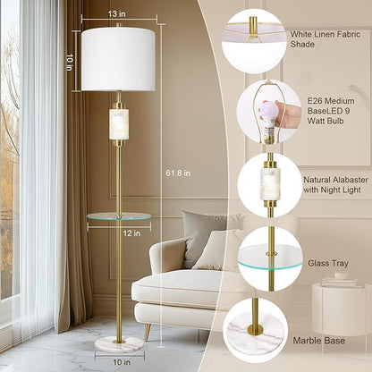 KIVDITZO Modern Floor Lamp for Living Room with Glass Tray and Night Light, Alabaster Bedroom Lamp, Tall Lamp with Linen Shade, Marble Base Standing Lamp for Living Room,Bedroom,Office(Bulb Included)