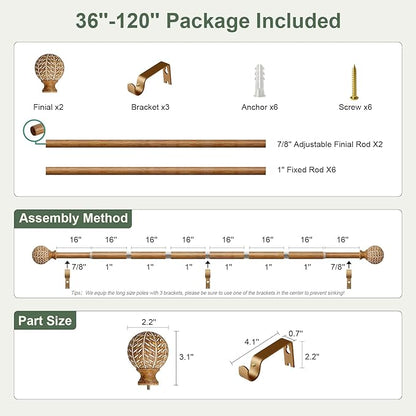 QDWIS Wood Curtain Rods for Windows 66 to 120 Inch,1'' Diameter Drapery Rods with Imitation Wood Grain Leaf Pattern Finials,Boho Adjustable Heavy Duty Curtain Rods Set,36-120'',Color:Natural Wood