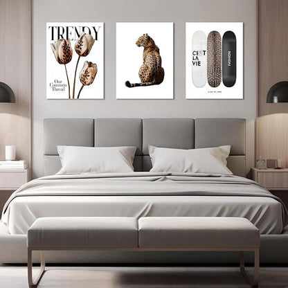 Trendy Leopard Canvas Wall Art Set of 3 Cheetah Printed Preppy Fashion Skateboard Wall Decor Preppy Room Aesthetic posters Prints for Girls Bedroom Apartment Dorm 16x24in Framed Decoration